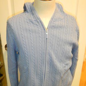 Lt Blue, cable, zip front, hooded sweater